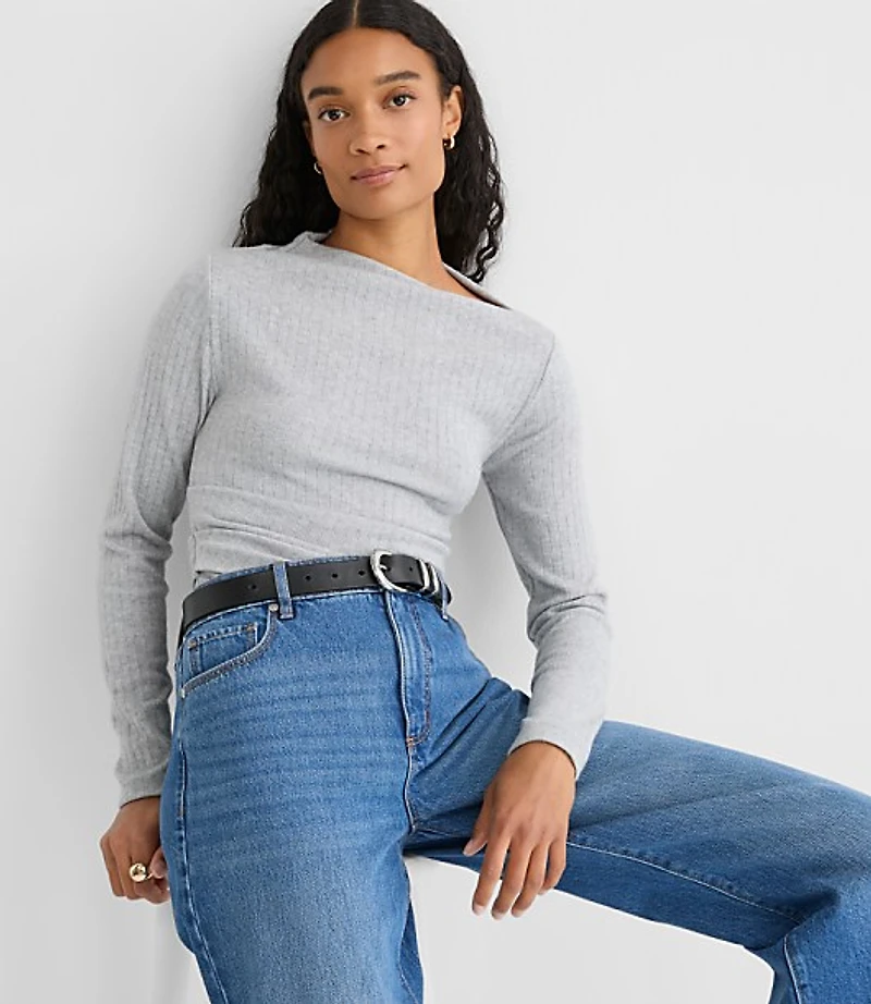 Heathered Cozy Ribbed Asymmetric Neck Top
