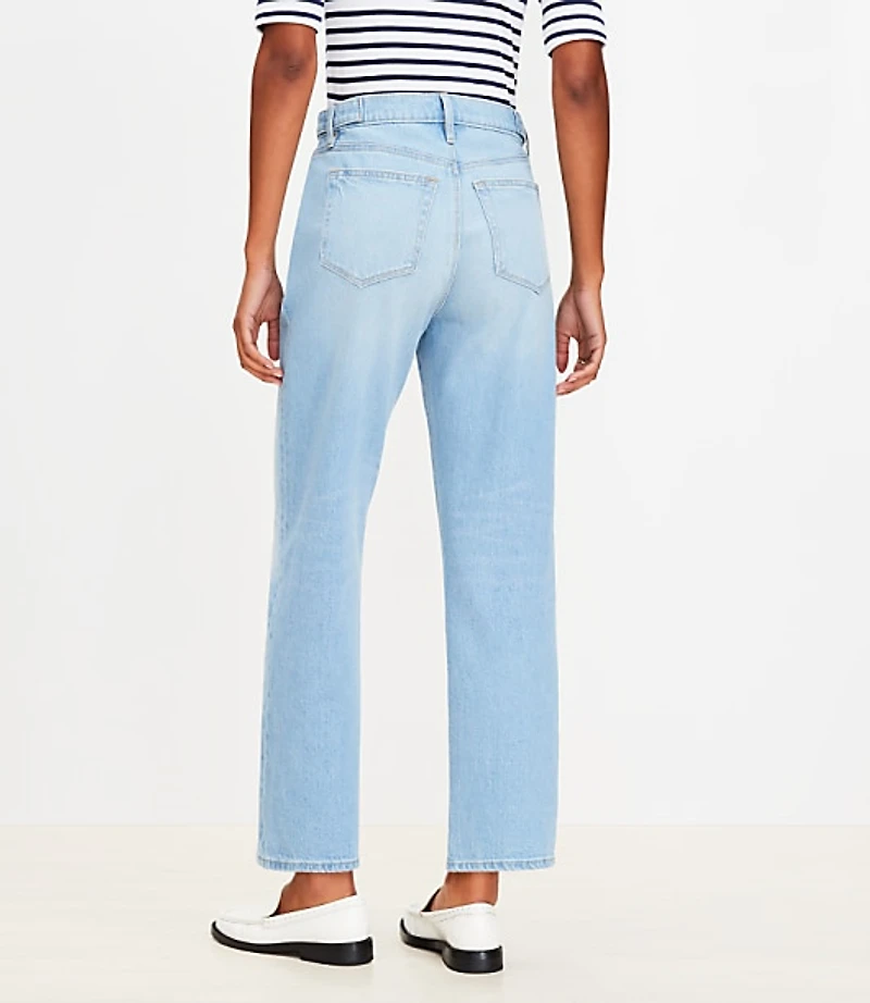 Tab Waist High Rise Straight Jeans Bright Mid Indigo Wash