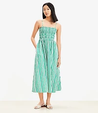 Striped Poplin Smocked Strappy Maxi Dress