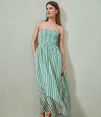 Striped Poplin Smocked Strappy Maxi Dress
