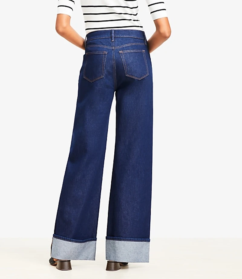 Cuffed High Rise Wide Leg Jeans Rinse Wash