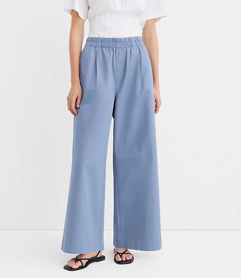 Petite Pleated Pull On Wide Leg Pants Twill