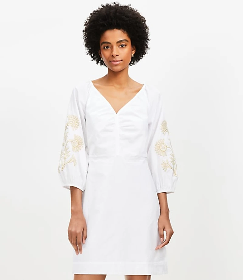 Floral Embroidered Poplin Shirred Mini Dress