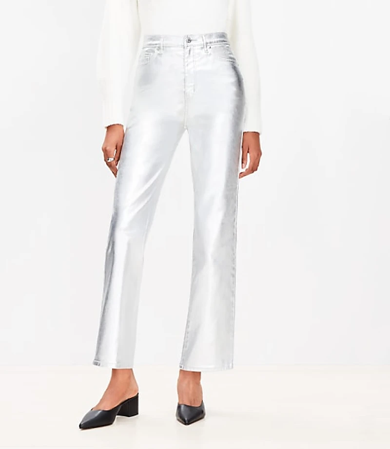 Coated High Rise Straight Jeans Silver Metallic
