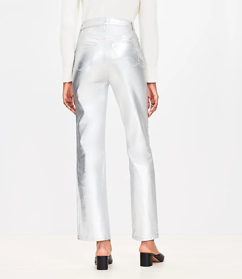 Coated High Rise Straight Jeans Silver Metallic