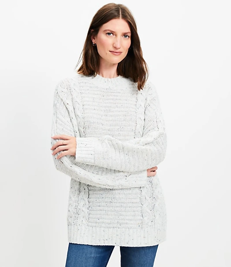 Flecked Cable Linked Mock Neck Tunic Sweater