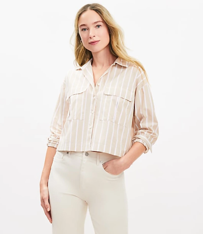 Striped Poplin Wide Sleeve Modern Utility Shirt