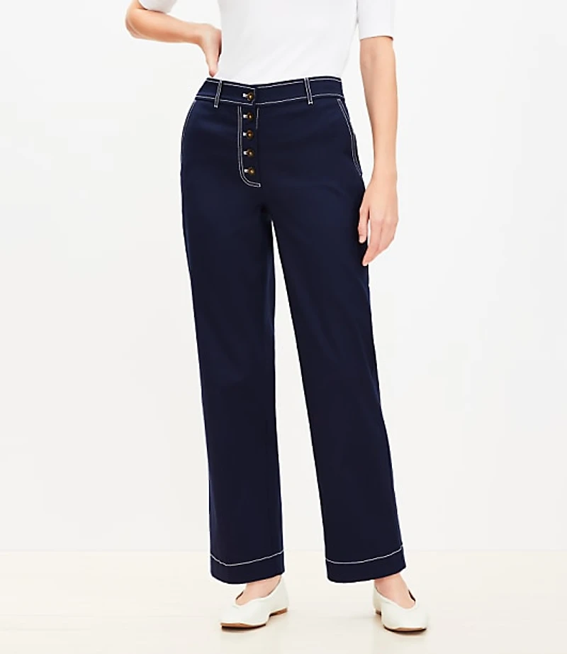 Petite Button Front Straight Pants Twill