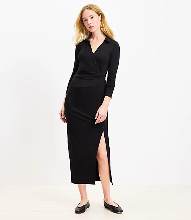 Petite Knotted Button Wrap Midi Dress