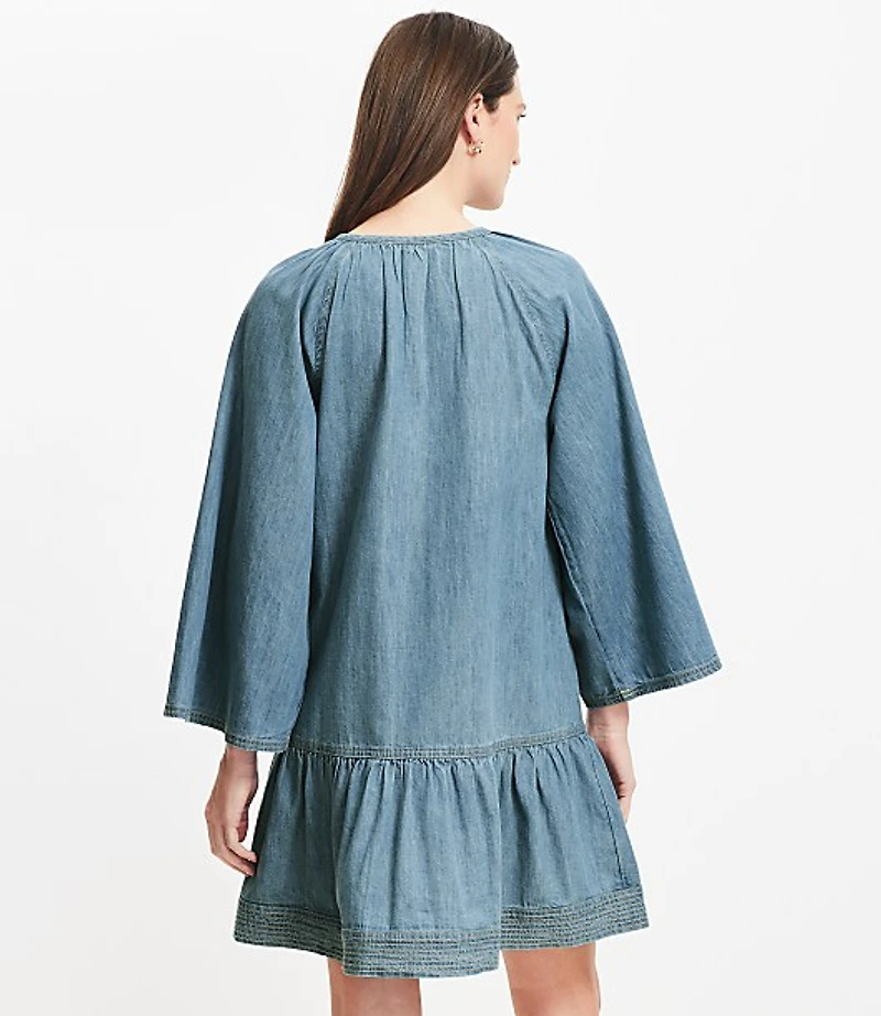 Chambray Tie Neck Mini Flounce Dress