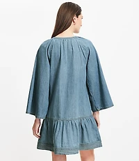 Chambray Tie Neck Mini Flounce Dress