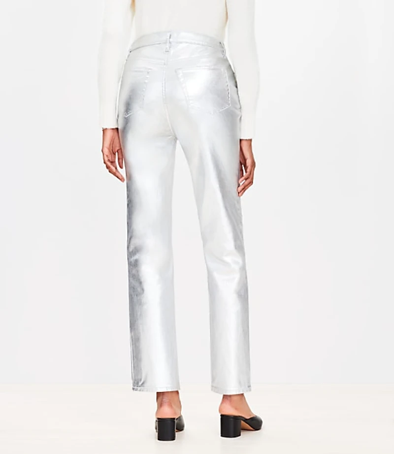 Curvy Coated High Rise Straight Jeans in Silver Metallic