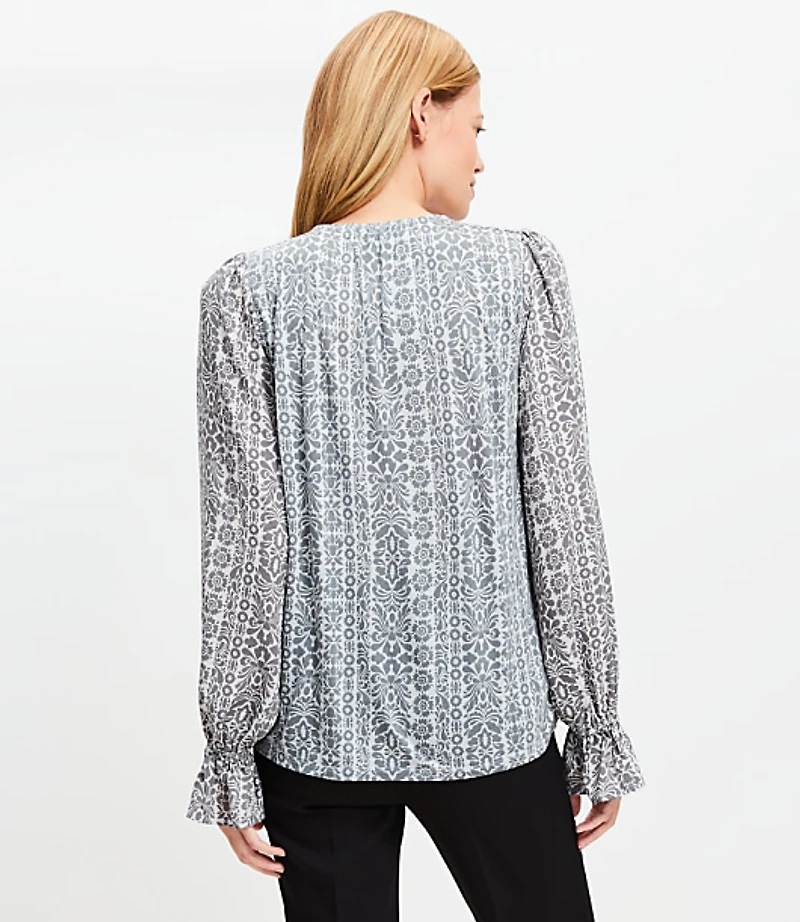 Stripe Mixed Media Ruffle Cuff V-Neck Top