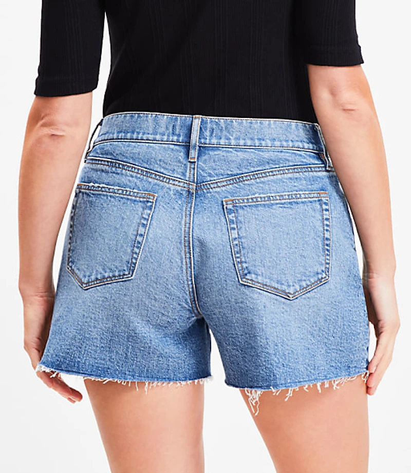 Petite Curvy Destructed High Rise Cut Off Denim Shorts in Authentic Dark Wash