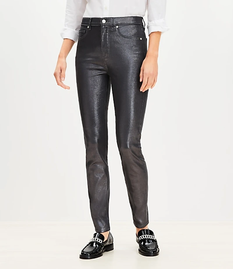 Coated High Rise Skinny Jeans Pewter Metallic