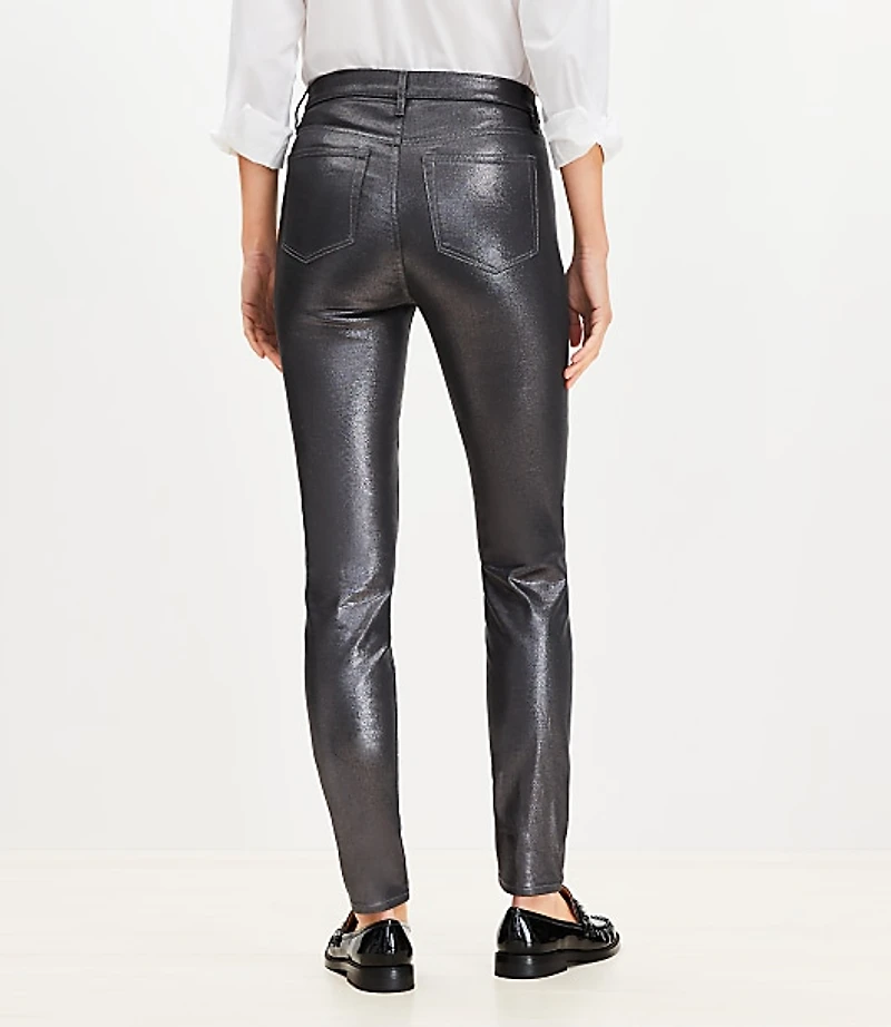 Coated High Rise Skinny Jeans Pewter Metallic