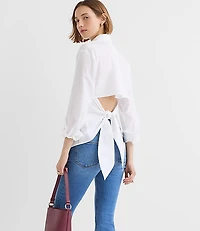 Petite Striped Cutout Tie Back Poplin Shirt