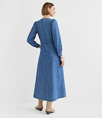 Petite Chambray Balloon Sleeve Midi Pocket Dress