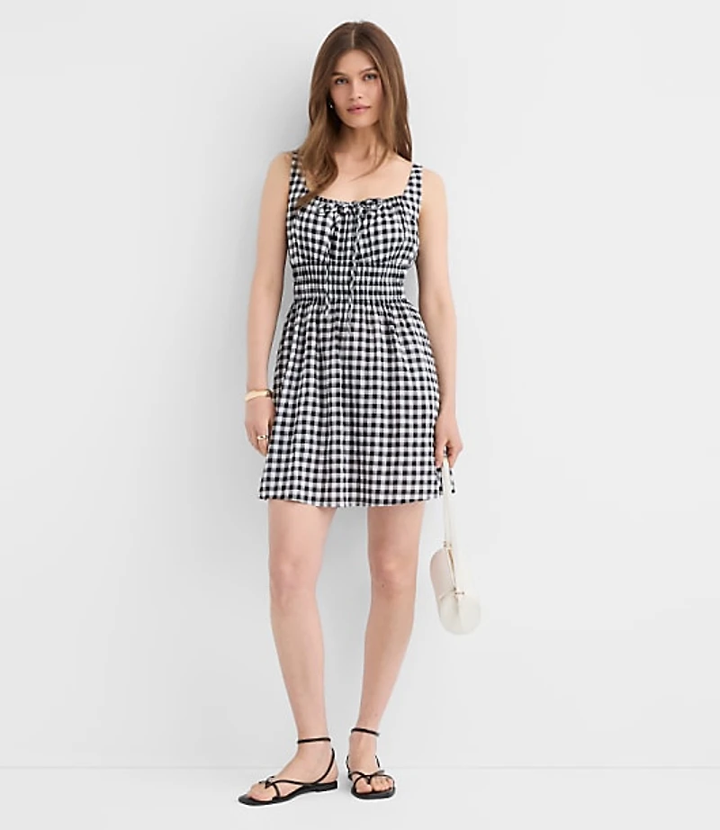 Gingham Smocked Mini Pocket Dress