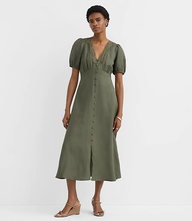 loft olive green dress Petite Lace Trim Strappy Ruffle Mini color-family:RED