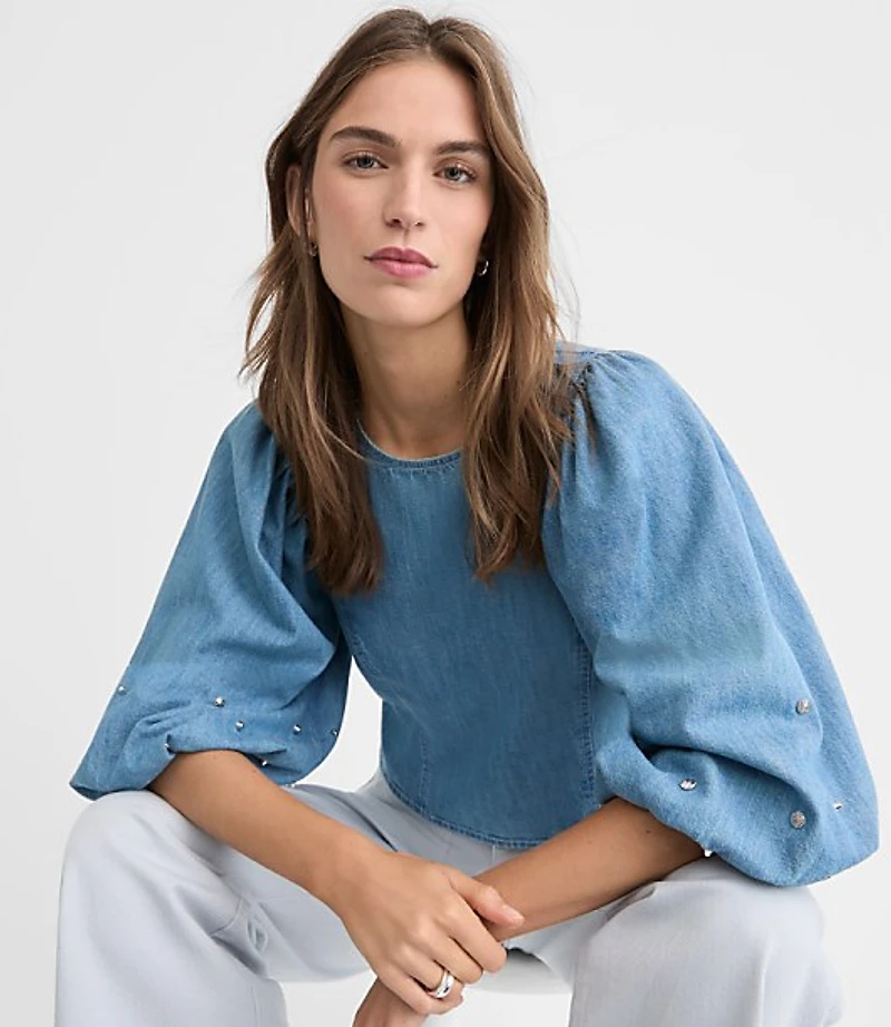 Studded Chambray Puff Sleeve Blouse