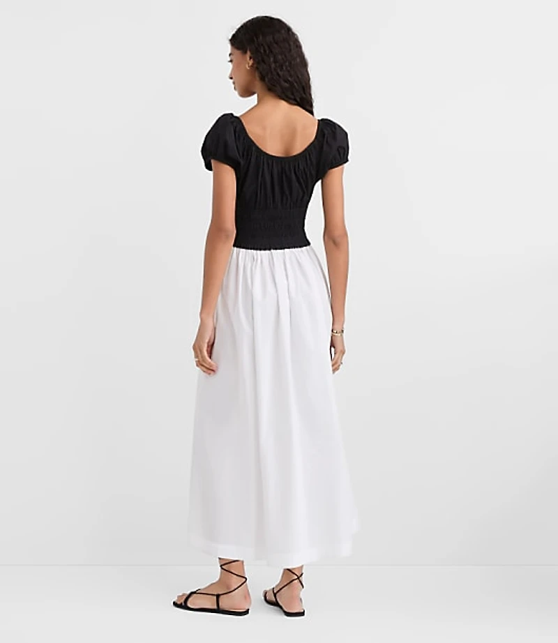 Poplin Smocked Puff Sleeve Midi Dress