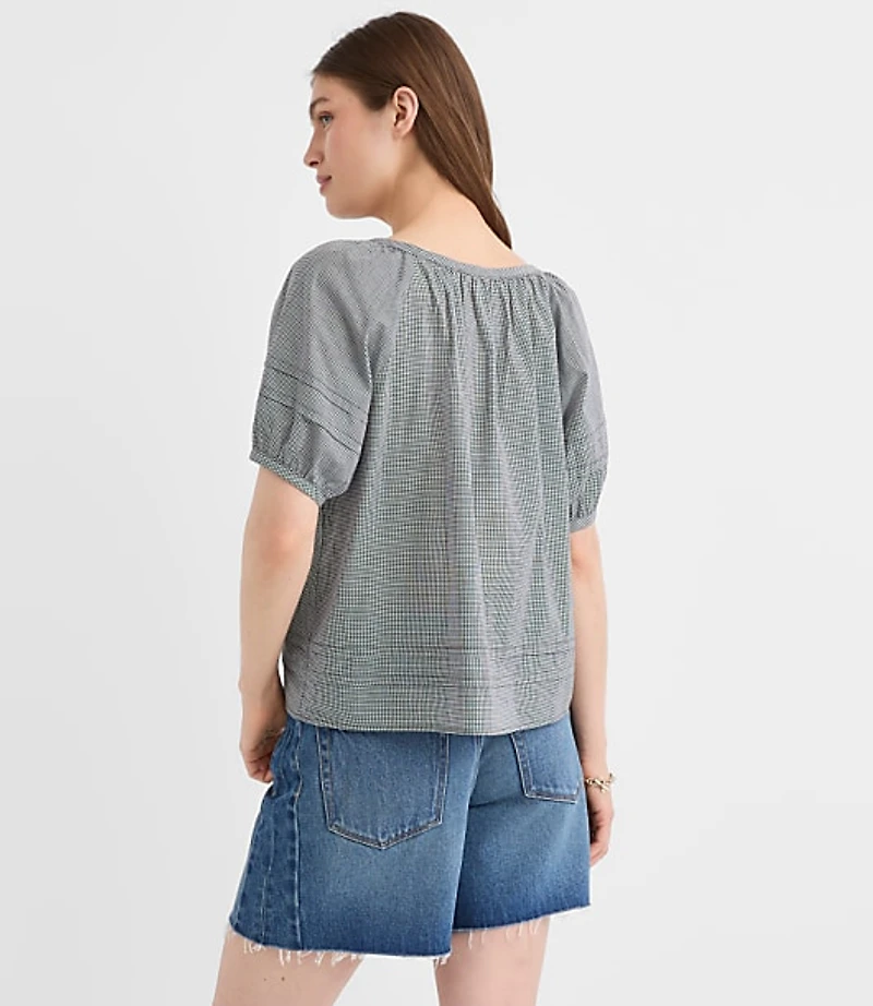 Gingham Pintucked Puff Sleeve Blouse