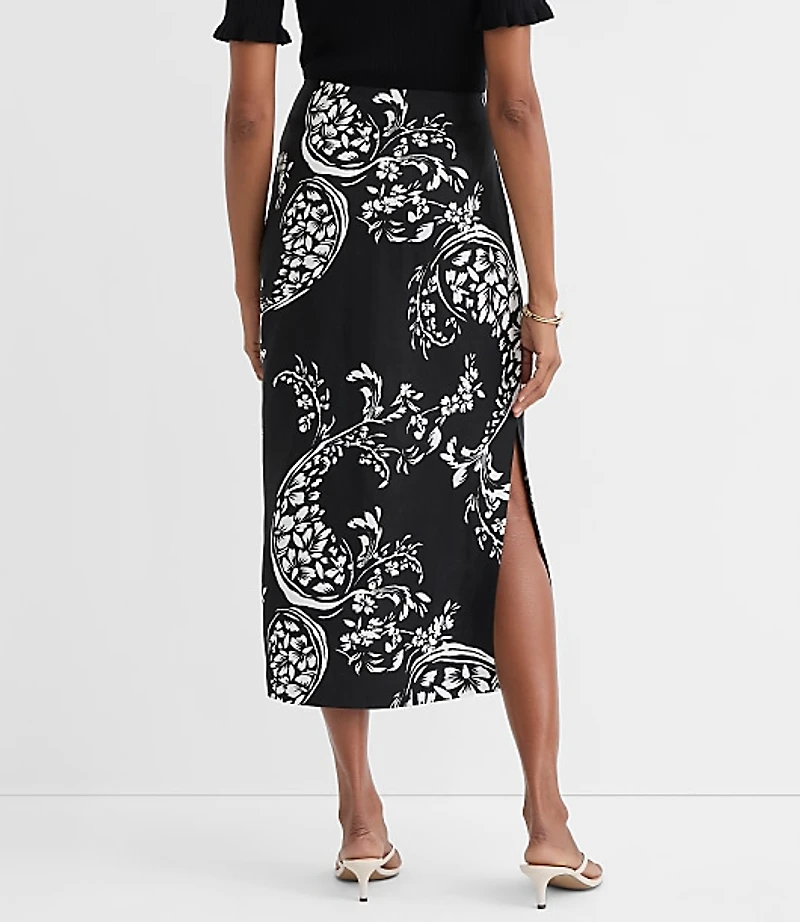 Floral Paisley Ruched Linen Blend Midi Skirt