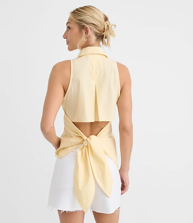 Striped Poplin Cutout Tie Back Halter Top