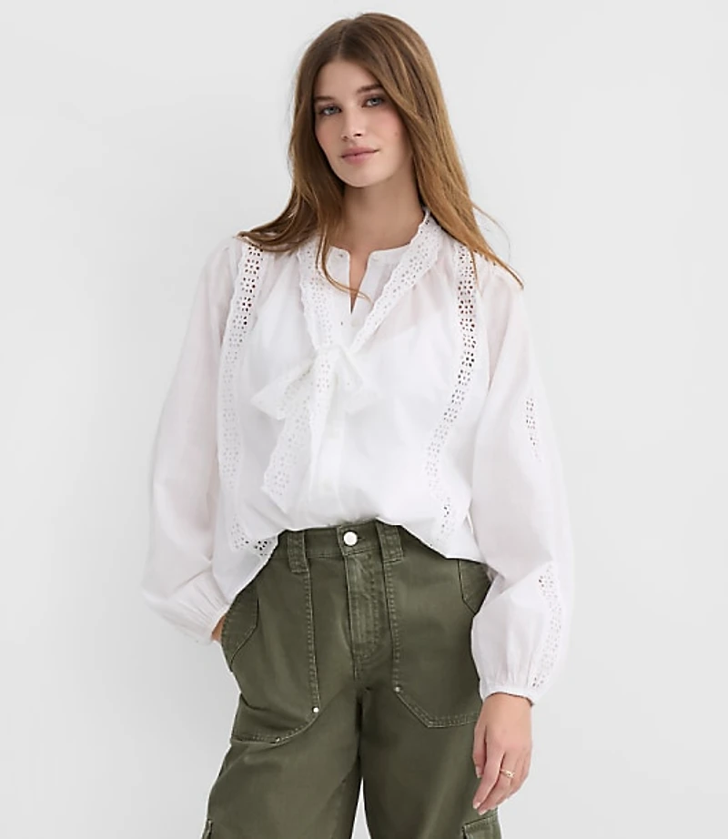 Petite Scalloped Eyelet Bow Blouse