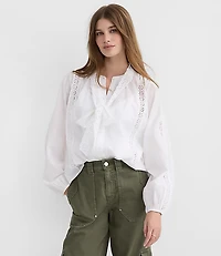 Petite Scalloped Eyelet Bow Blouse