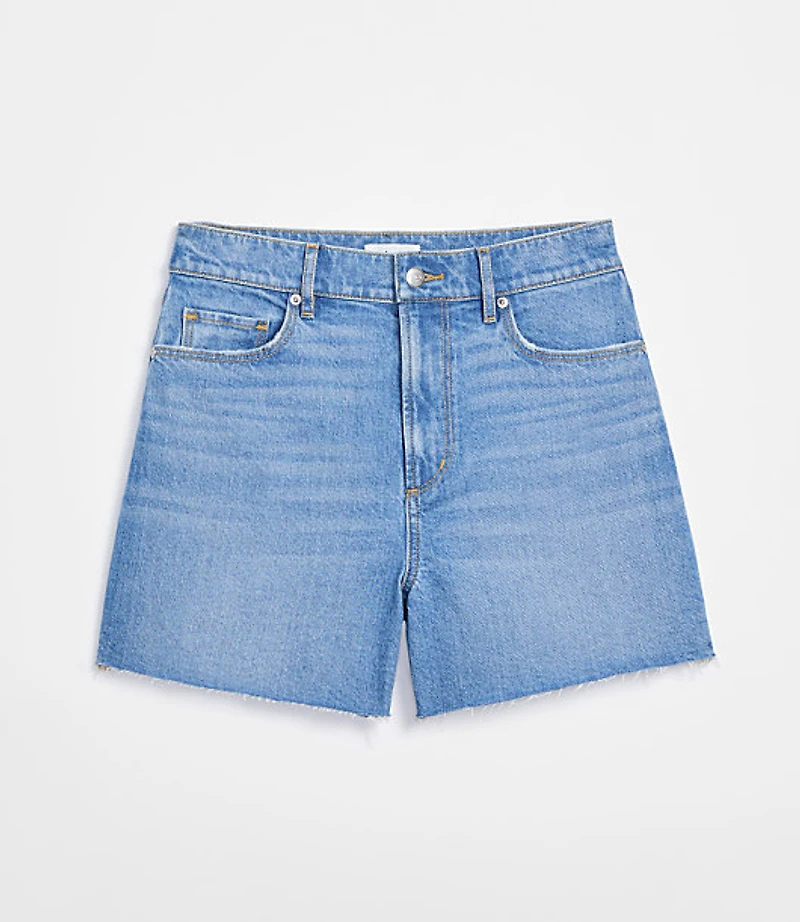 Rivete Curvy High Rise Cut Off Denim Shorts Mid Wash