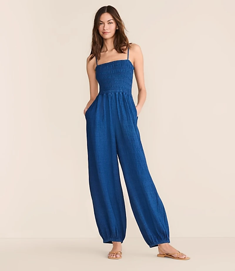 Lou & Grey Denim Washed Double Cloth Smocked Balloon Leg Jumpsuit