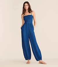 Lou & Grey Denim Washed Double Cloth Smocked Balloon Leg Jumpsuit