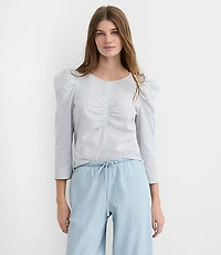 Petite Stripe Ruched Puff Sleeve Top