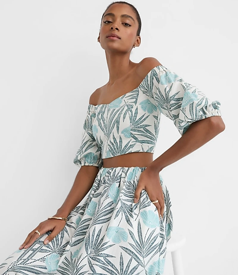 LOFT Beach Palm Poplin Puff Sleeve Crop Top