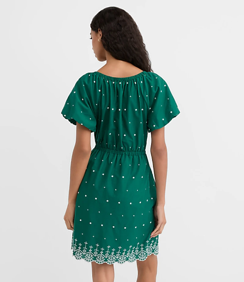 Eyelet Puff Sleeve Mini Pocket Dress