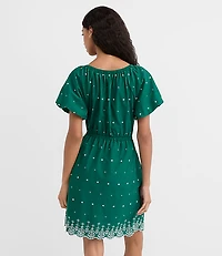 Eyelet Puff Sleeve Mini Pocket Dress