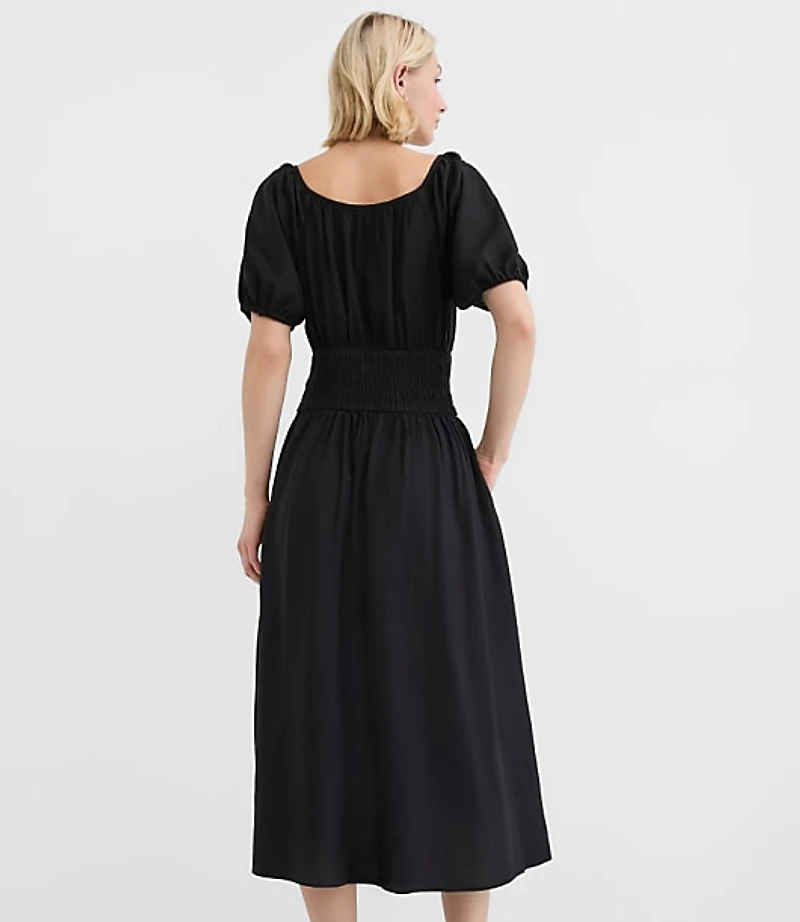 Petite Ruffle Tie Neck Smocked Midi Dress
