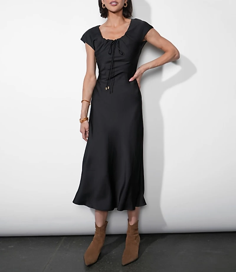 Greylin Inez Neck Drawstring Satin Midi Dress