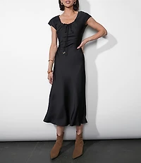 Greylin Inez Neck Drawstring Satin Midi Dress