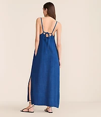 Petite Lou & Grey Denim Washed Double Cloth Strappy Midi Pocket Dress