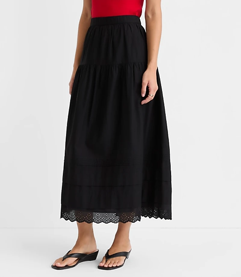 Scalloped Eyelet Pintucked Maxi Skirt