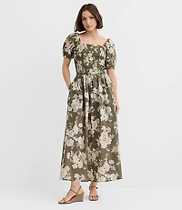 Floral Smocked Puff Sleeve Midi Dress