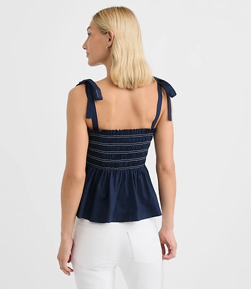 Topstitched Poplin Tie Strap Smocked Peplum Cami