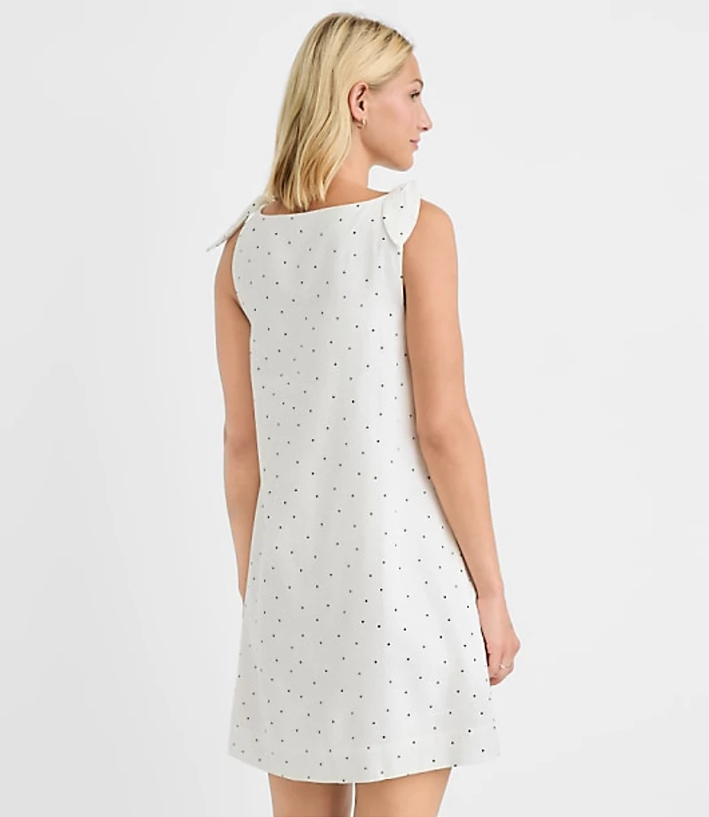 Dotted Linen Cotton Tie Boatneck Mini Dress