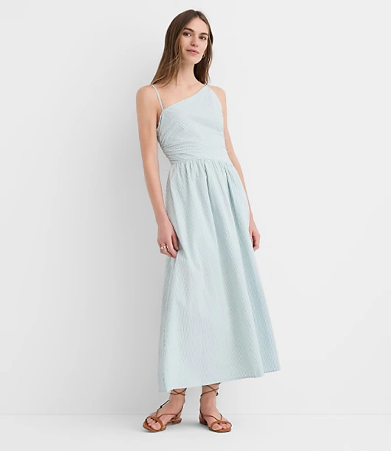 Petite Stripe Asymmetrical Ruched Midi Dress