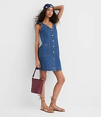 Petite Denim Button Mini Pocket Dress Classic Mid Wash