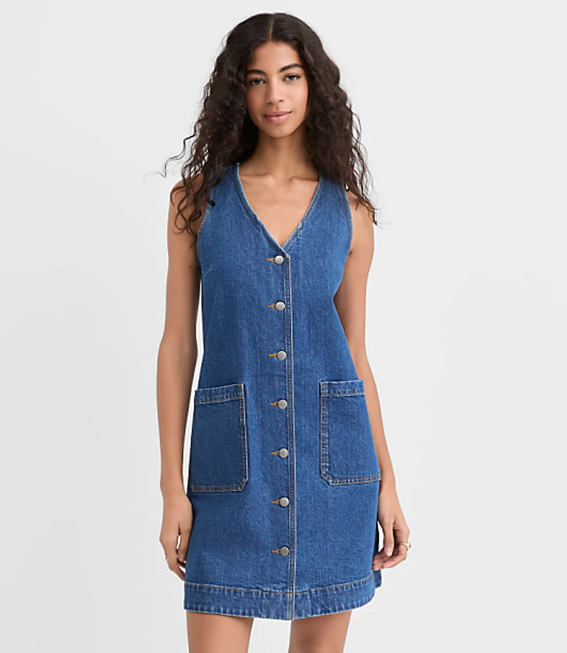 Petite Denim Button Mini Pocket Dress Classic Mid Wash