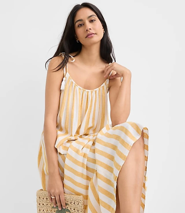 loft side tie midi dress LOFT Beach Striped Cutout Side Tie Midi Dress